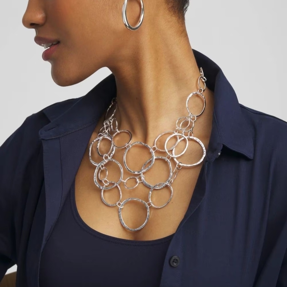 Chico's Short Silver Toned Multi Strand Link Statement Necklace